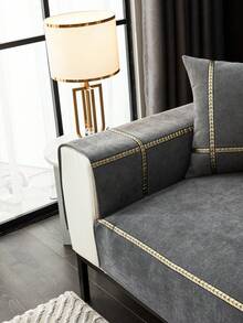 1pc Gray Sofa Throw Blanket With Contrast Color Ribbon, Modern Polyester Sofa Cover, Mult - Dark Grey - View 5