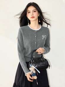 Grey Round Neck Loose Lace Patchwork Sequin Cardigan For Women, Autumn/Winter - Grey - View 5