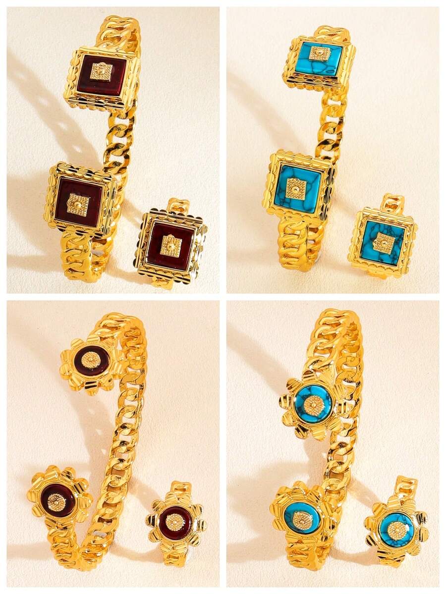 两件套绿松石首饰套装，包括扭纹手镯和戒指，铜合金材质，适合女性日常佩戴，也是理想的节日礼物。 - 精緻 - 查看 1