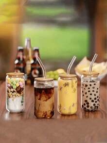 4 piezas Vaso de vidrio con tapa y pajita, bebida, vaso para café helado, tapa de bambú linda, pajita reutilizable y cepillo de limpieza de pajitas, adecuado para restaurante/hotel/uso doméstico