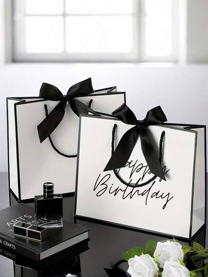 1pc Happy Birthday Gift Bag - Elegant Birthday Party Favor Bag With T-Shaped Closure, Lightweight Foldable Shopping Tote For Women, Mom, Grandma,Girlfriend, Boyfriend, Husband, Wife, Partner- Birthday Party Decorations, Gift Wrapping - Black & White Birthday Decoration, Birthday Gifts, Celebration Accessory, Decorative Ribbon Accent, Sturdy Construction, Event Organizers, Stylish Packaging, Women Gifts