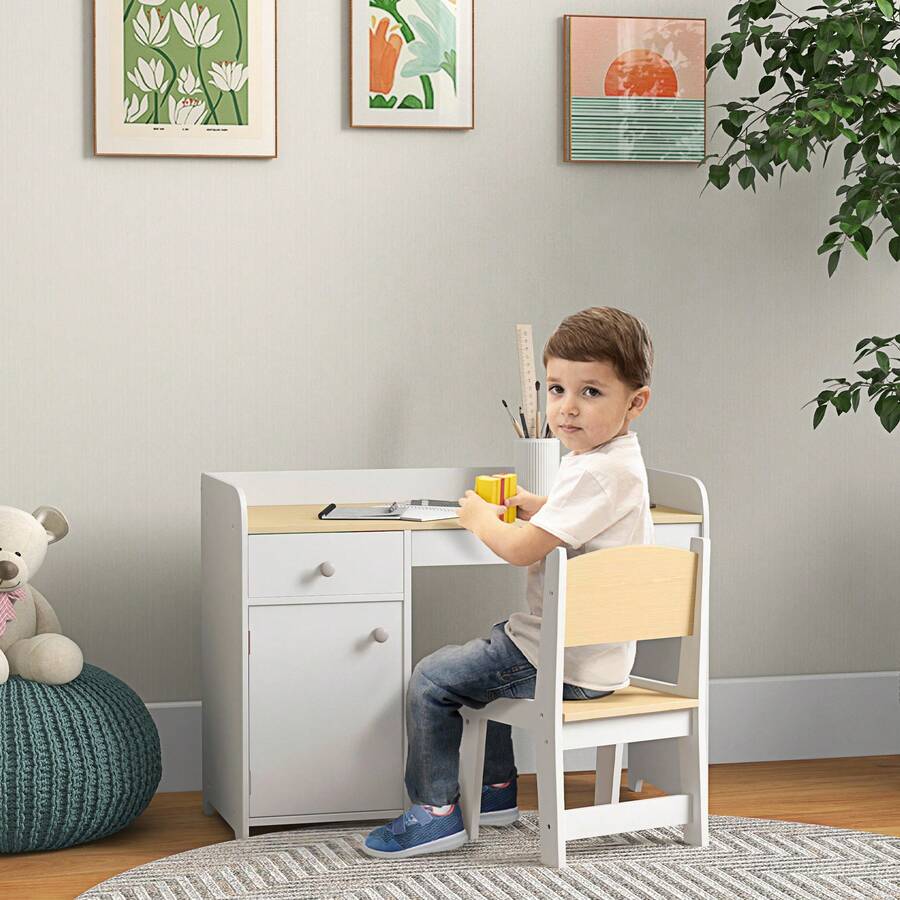 HOMCOM ZONEKIZ Kids Desk And Chair Set For 3-6 Years, 2 Piece Children Study Table With Storage Cabinet, Drawer For Writing, Reading - White - White - View 1