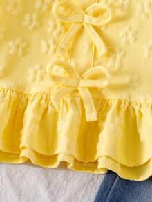 2 件套女婴甜美花卉刺绣荷叶边下摆灯笼袖衬衫和蝴蝶装饰磨边下摆牛仔裤套装 - 黃色 - 查看 5