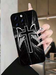 Cross & Wings Christian Phone Case Spiritual Design Anti-Fingerprint Shockproof Cover For IPhone 15 Pro Max For Samsung S23 Ultra Religious Phone Accessories Fashionable Protective Case Daily Use Must - màu đen - Xem 1
