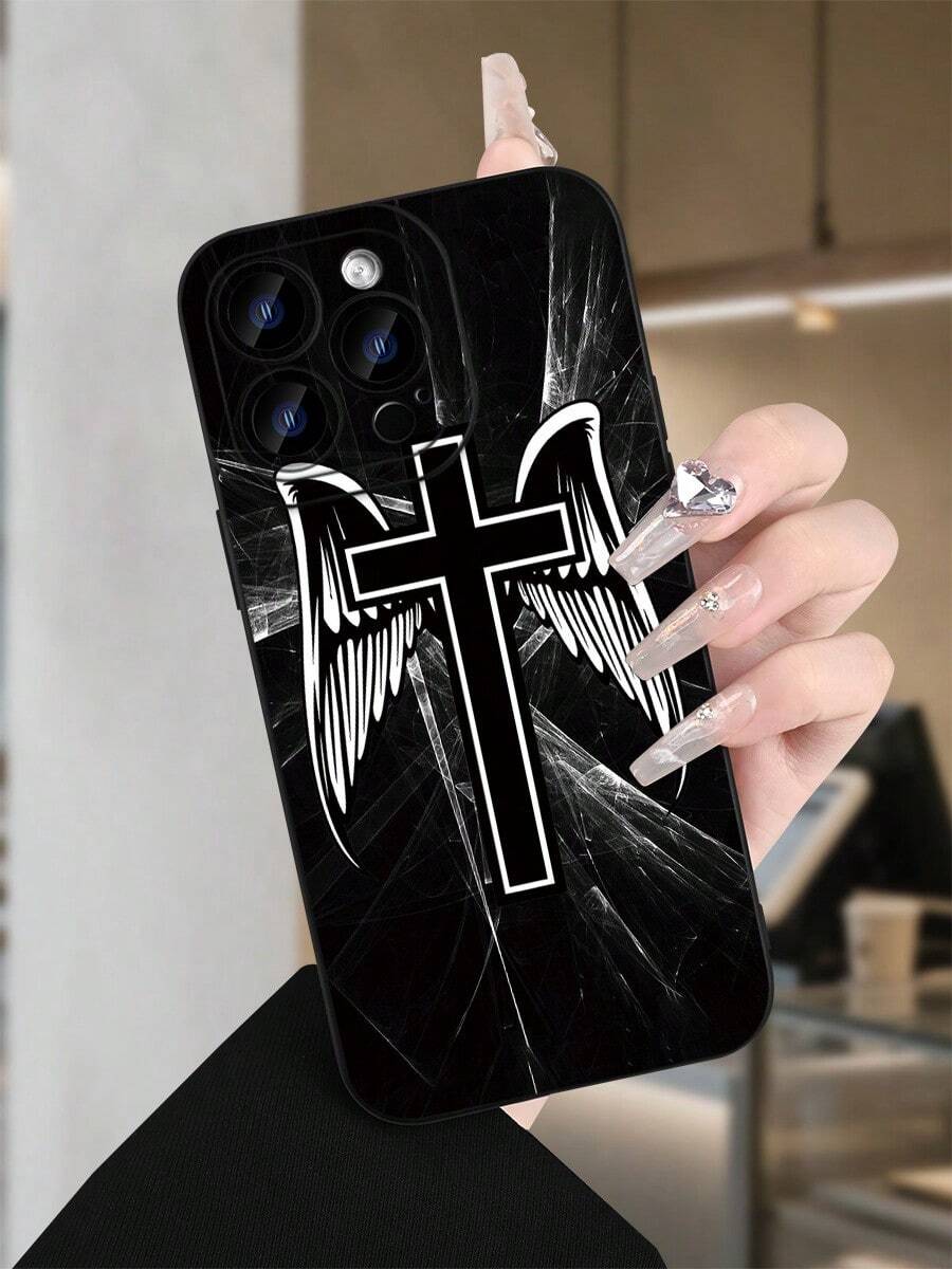 Cross & Wings Christian Phone Case Spiritual Design Anti-Fingerprint Shockproof Cover For IPhone 15 Pro Max For Samsung S23 Ultra Religious Phone Accessories Fashionable Protective Case Daily Use Must - màu đen - Xem 1