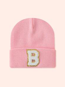 1pc Pink Children's Hat With 26 Letters, Knitted Beanie For Baby Boys And Girls, Warm For Outdoor And Daily Wear - Gold Label-pink Fluorescent Cap - View 4