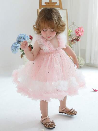 Baby Girls Sequin Strap Tulle Princess Dress, Suitable For Baby's 1st Birthday Gift, Party, Banquet, Wedding, Holiday Celebration