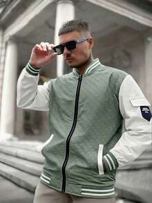 Young Men's Jacket, Fashion Minimalist Stand Collar Coat, Baseball Collar, Ribbed Cuffs, Color Block, Autumn/Winter - Green - View 5