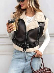 Chaleco sin mangas de mujer de piel sintética con forro térmico de borreguito Sherpa, con cremallera y bolsillos