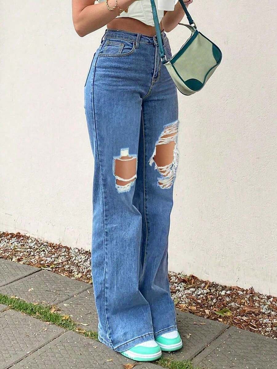 Pantalones Vaqueros Rectos con Rotos - Tiro Medio, Lavado Clásico - Azul lavado medio - Ver 1