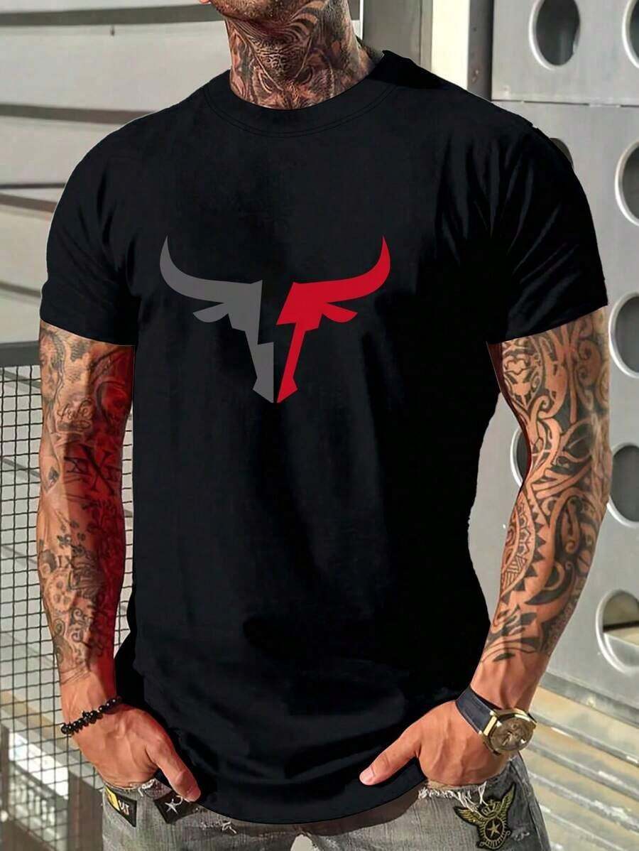 Fenqiro Men's Round Neck T-Shirt With Pattern Print - Black - View 1