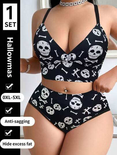 Halloween Print Design Plus Size Women's Bra And Underwear Set, No Steel Ring Underwear Set, Thin Sports Style