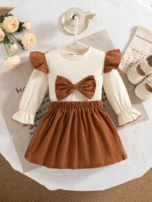 Herbst/Winter Baby Mädchen süßer Rundhals brauner Flügelärmel Rüschen Langarm Top mit brauner Schleife Deko & brauner Vintage Stil Rock