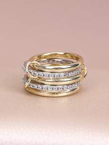 18K Gold Plated Interlocking Stackable Rings Set, Women's Personalized Rings With Cubic Zirconia, Suitable As Gifts - Serial - View 9