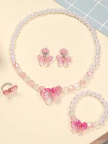 Kids Princess Purple Butterfly Jewelry Set, Including Necklace, Bracelet, Ring, Clip Earrings