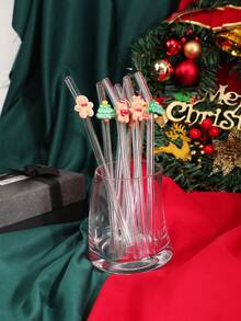 1-7PCS Cute Festive Christmas Glass Straws (Gingerbread Man, Christmas Tree, Bear & Merry Christmas Sign) ,Suitable For Iced Drinks, Afternoon Tea, Milkshakes, Smoothies, Sparkling Water, Milk Tea, Juices And Other Cold Drinks. Ideal For Beach Parties, Outdoor Picnics, Dessert Shops, Snack Bars, Party Supplies, Family Gatherings, Lead - Free & Festive, Perfect Gift For Christmas Enthusiasts. - Style a - View 6
