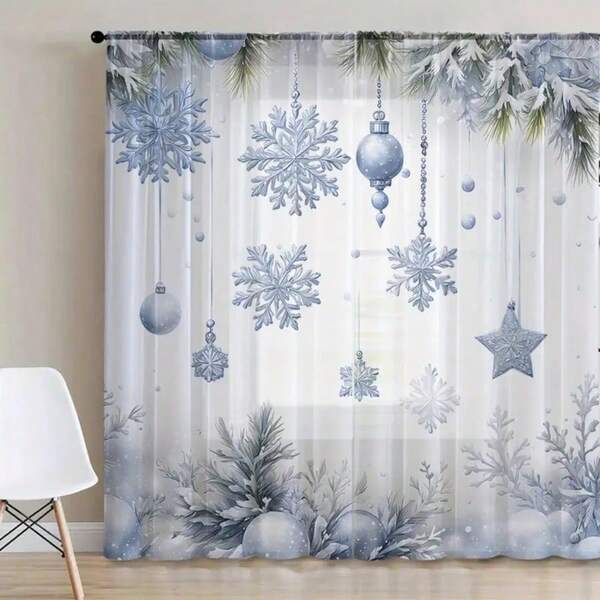 Cortinas transparentes com flocos de neve de Natal, 2 peças, estilo lindo, de fibra de poliéster, laváveis à máquina, para pendurar em forma de bolsa, adequadas para salas de estar, quartos e diversos cômodos