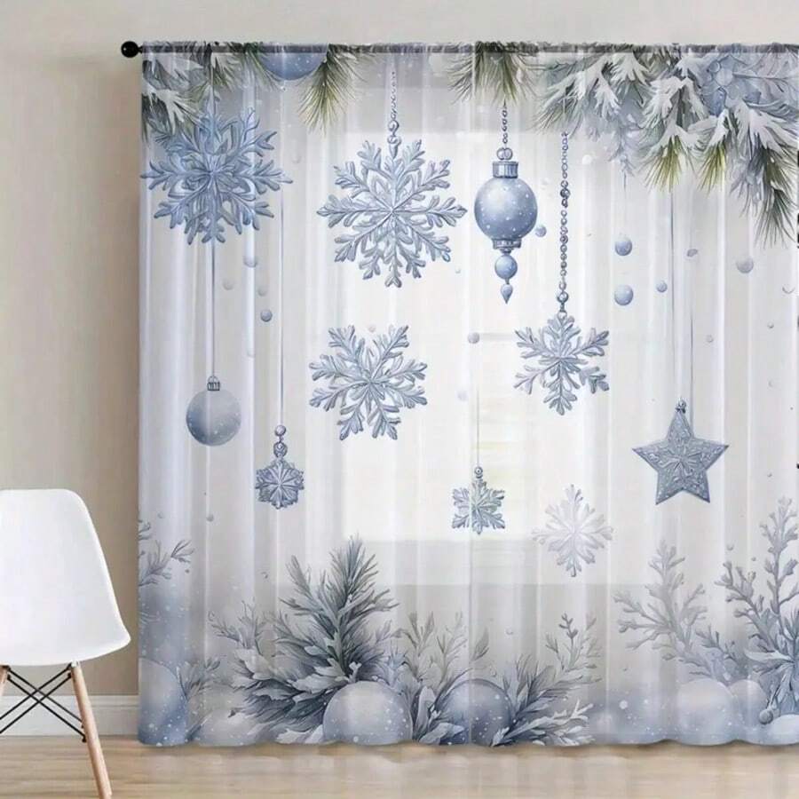 2PCS Gorgeous Style Christmas Snowflake Sheer Curtains, Polyester Fiber Curtains, Machine Washable, Pole Bag Hanging, Suitable For Living Rooms, Bedrooms, Various Rooms
