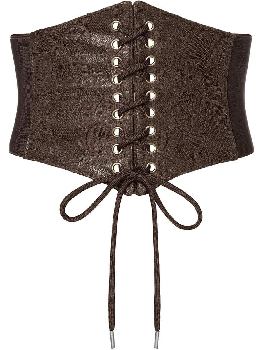 1pc Women's Renaissance Era Accessory, Coffee-Colored Sheer Lace Corset, Sexy Costume Suitable For Halloween Night Party Or Daily Outfit Matching