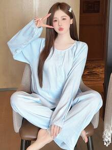 2 Stück Damen Einfarbiger Lässig Pyjama Set, Blau Langarm Knopfleiste Nachtwäsche, Herbstkleidung