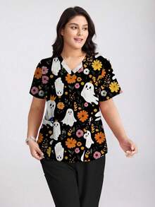 cimmuovere 大码女式V领短袖可爱幽灵与花卉印花手术服护士制服上衣，适用于牙科、医疗保健、宠物医院、实验室、万圣节服装 - 黑色 - 查看 3