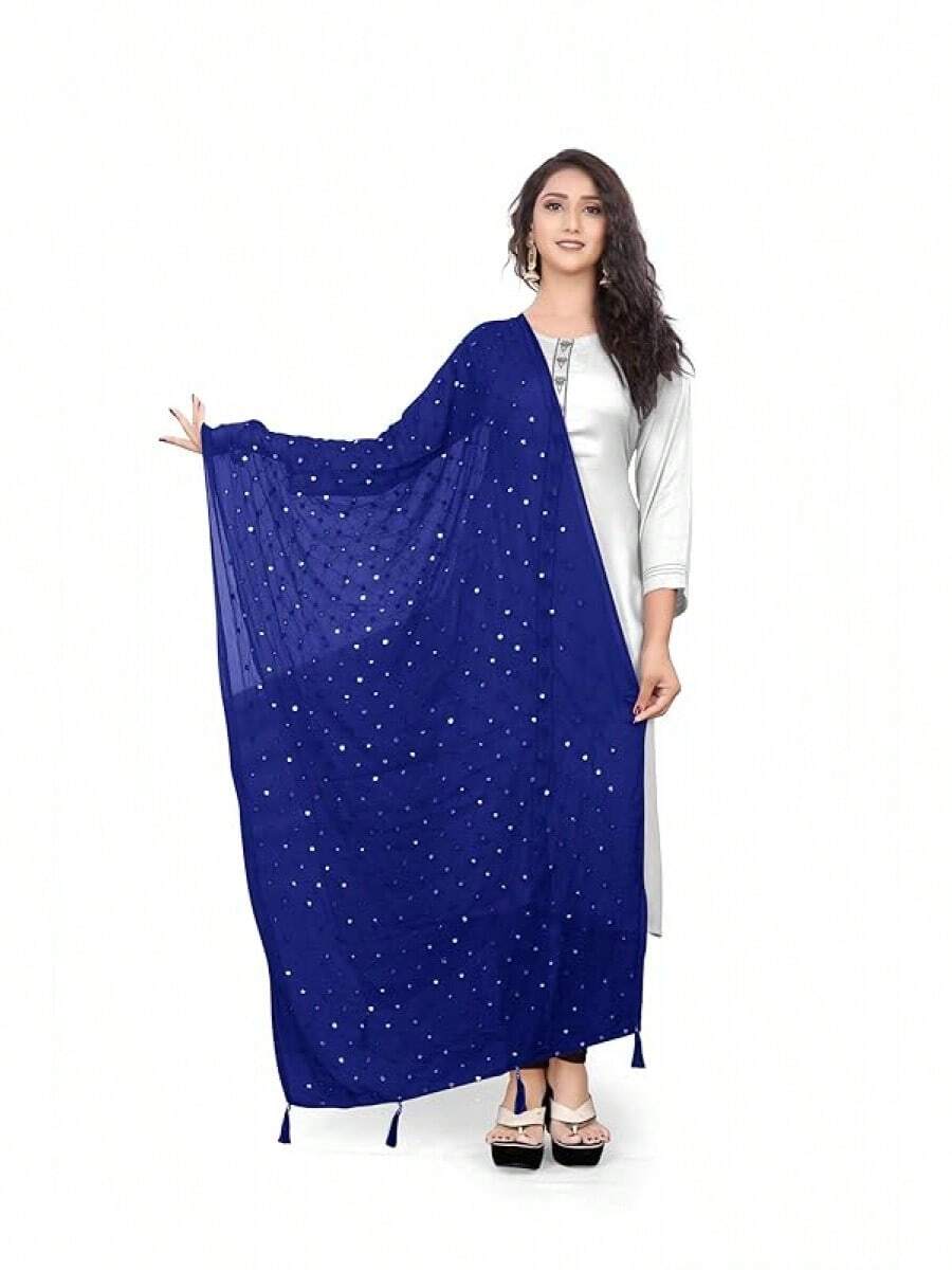 Themilestocks Woman's Embroidered Chiffon Dupatta Scarf Shawl Wrap Soft  Bridal Weddinghalloween - Xanh đậm - Xem 1