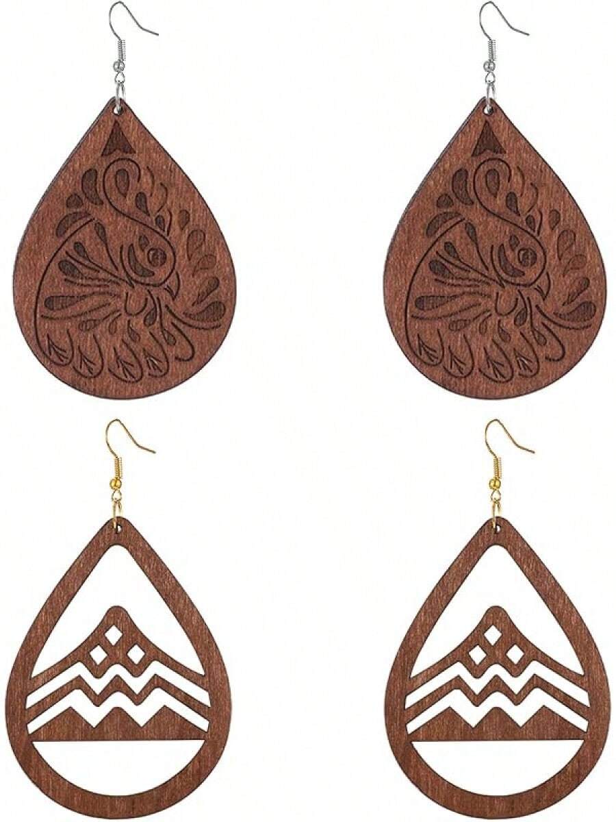 Wood Teardrop Earrings 2 Pairs Natural Wooden Dangle Earrings Gifts Women Girls - 山棕 - 查看 1