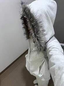 Y2k Zip Up Hoodie Fur Hooded Jacket Warm Winter Coat For Men Fur Collar Hoodies Streetwear Unisex Streetwear-20256688 - 白色 - 查看 4