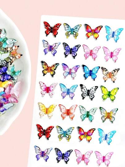 20/30/50/100pcs Colorful Resin Cartoon Ice Butterfly Flatback Beads For Nail Art, Scrapbook DIY Jewelry Decor Crafts