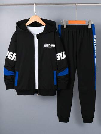 Children's SUPER Print Zip-Up Jacket & Pants Sports Suit, Warm Outfit For Boys, Autumn