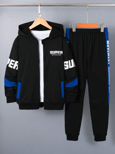 Chaqueta con cremallera y pantalones estampados SUPER, conjunto deportivo cálido para niños, otoño