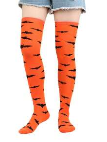 1 par de meias infantis de algodão acima do joelho, adequadas para Halloween, festa de estudantes, combinação de roupas - Laranja - Ver 2