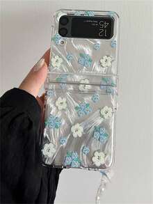 春季可爱油画花卉透明手机壳，带激光云珠链，兼容三星 Galaxy Z Flip7 Z Flip6 Flip5 Flip 4 3 时尚全屏粉色花卉折叠后盖 - 藍白花 - 查看 3