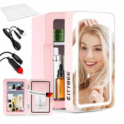 homefire Mini refrigerador negro/blanco/rosa de 6L, refrigerador pequeño de 12 V 230 V, funcionamiento silencioso con espejo e iluminación LED, refrigerador para el cuidado de la piel, cosméticos, cuidado de la belleza, refrigerador ideal para el automóvil