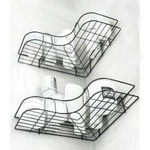 1/2 piezas Estante de baño de esquina de hierro con ganchos adhesivos, estante de almacenamiento triangular para artículos de tocador de baño, accesorios de estante de esquina para baño, sin necesidad de perforar, negro
