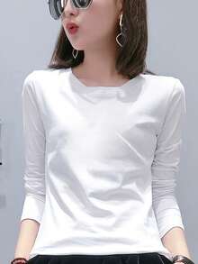 女士棉质长袖T恤，宽松中长款白色上衣，叠穿衬衫，时尚秋冬