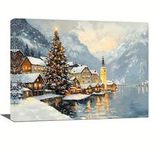 1pc Hallstatt Village Christmas Scene Canvas Print - Winter Scenery Wall Art, Waterproof, Suitable For Home Decor, Room Decor, Bedroom Decor, Living Room Decoration, Bathroom Decor, Wall Decor, Christmas Decorations For Home, Optional Wall Art With Frame