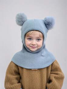 1pc Cute Double-Pom Beanie For Boys And Girls, Perfect For Winter Balaclava Knitted Hat For Autumn And Winter.