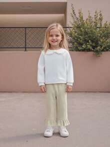 Baby Girl Corduroy Pants Fashionable Frill Hemmed Solid Color Ankle Length Trousers Daily Wear - Khaki - View 5