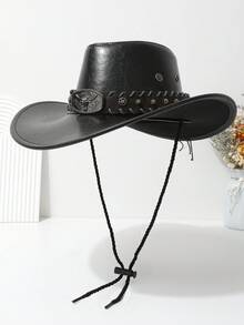 1pc Women's Denim Hat, Fashion Leather Heart-Shaped Crown Rolled Brim Cowboy Hat, Unique Outdoor Travel Party Performance Cap, Paired With Wide Belt & Bull Head Metal Belt Decor, Unisex Versatile Style - Brown - View 15
