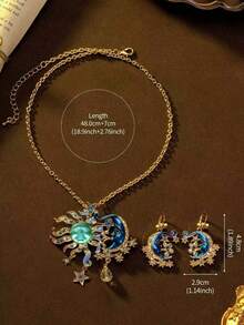 A Set Of Vintage Rhinestones Set With Sun, Moon, Stars, Blue Necklace, Brooch, Dual-Use Earrings Suitable For Daily Wear, Gifts, Dance Accessories