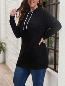 Sudadera casual de talla grande para mujer, de unicolor acanalado con cordón, top de manga larga, para primavera/otoño - Negro - Ver 2