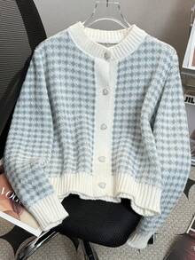 JIANHU 春季新款粉白格子心形纽扣毛衣开衫甜美少女风柔软复古长袖针织衫 - 新藍色 - 查看 3