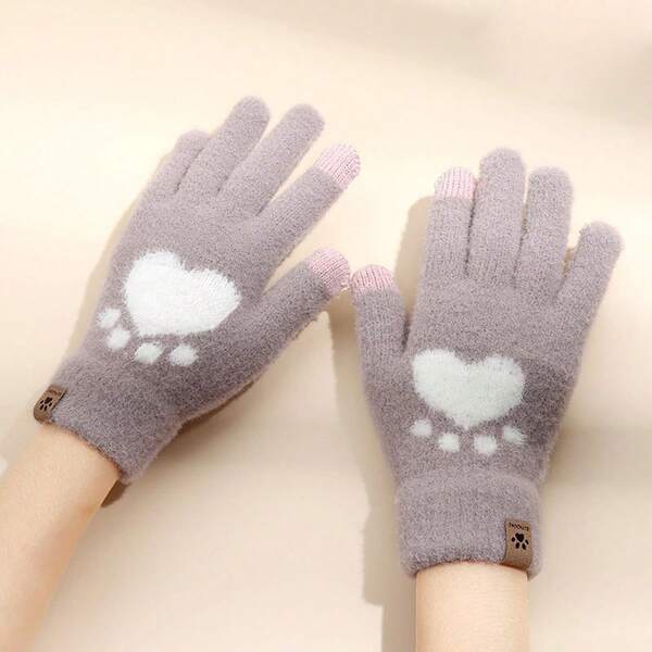 1pc New Plush Gloves, Warm Autumn/Winter Thick Thermal Lined Cat Claw Knitted Touch Screen Gloves