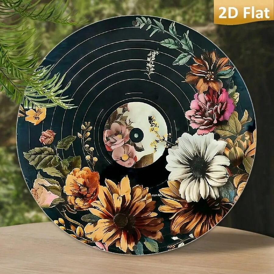 2D Flat Charming Record Metal Sign With Floral Design Round Aluminum 2D Printed Retro Decoration Home, Kitchen, Garden And Office -, Funny Retro Metal Poster Room Decoration - 彩色 - 查看 1