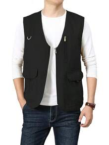 Men's Casual Outdoor Cotton Vest Lightweight Breathable Multi-Pocket Fishing Travel Vests OutwearChristmas IQWV - 04-黑色 - 查看 2