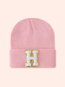 1pc Pink Children's Hat With 26 Letters, Knitted Beanie For Baby Boys And Girls, Warm For Outdoor And Daily Wear - Gold Label-pink Fluorescent Cap - View 66
