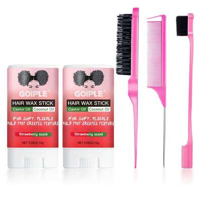  GOIPLE Edge Control Kit – Water-Based Edge Gel (24H Non-Hardening Hold, No Flaking) + Castor Oil Wax Stick + Edge Brush, Strawberry Scent, Ideal For Wig Edges/4C Hair/Braids, Non-Greasy & Easy-Wash For All
