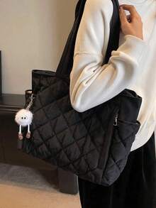 New Stylish Large-Capacity Quilted Diamond-Encrusted Design With Double Handles And One Shoulder Tote Bag, Stylish, Lightweight And Portable, Suitable For Outdoor Travel In Summer, Decorated With Animal Pendants, Is A Must-Have Backpack For Travel. - 黑色 - 查看 2