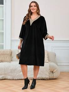 Top, Letnia, Damska Elegancka, Codzienna Odzież 2025, Damska Sukienka Plus Size w Stylu Vintage, Czarna, Z Dekoltem w Serek, Rękawem Do Średniego, Koronkowa Sukienka Heavy Industry, Sukienka Damska